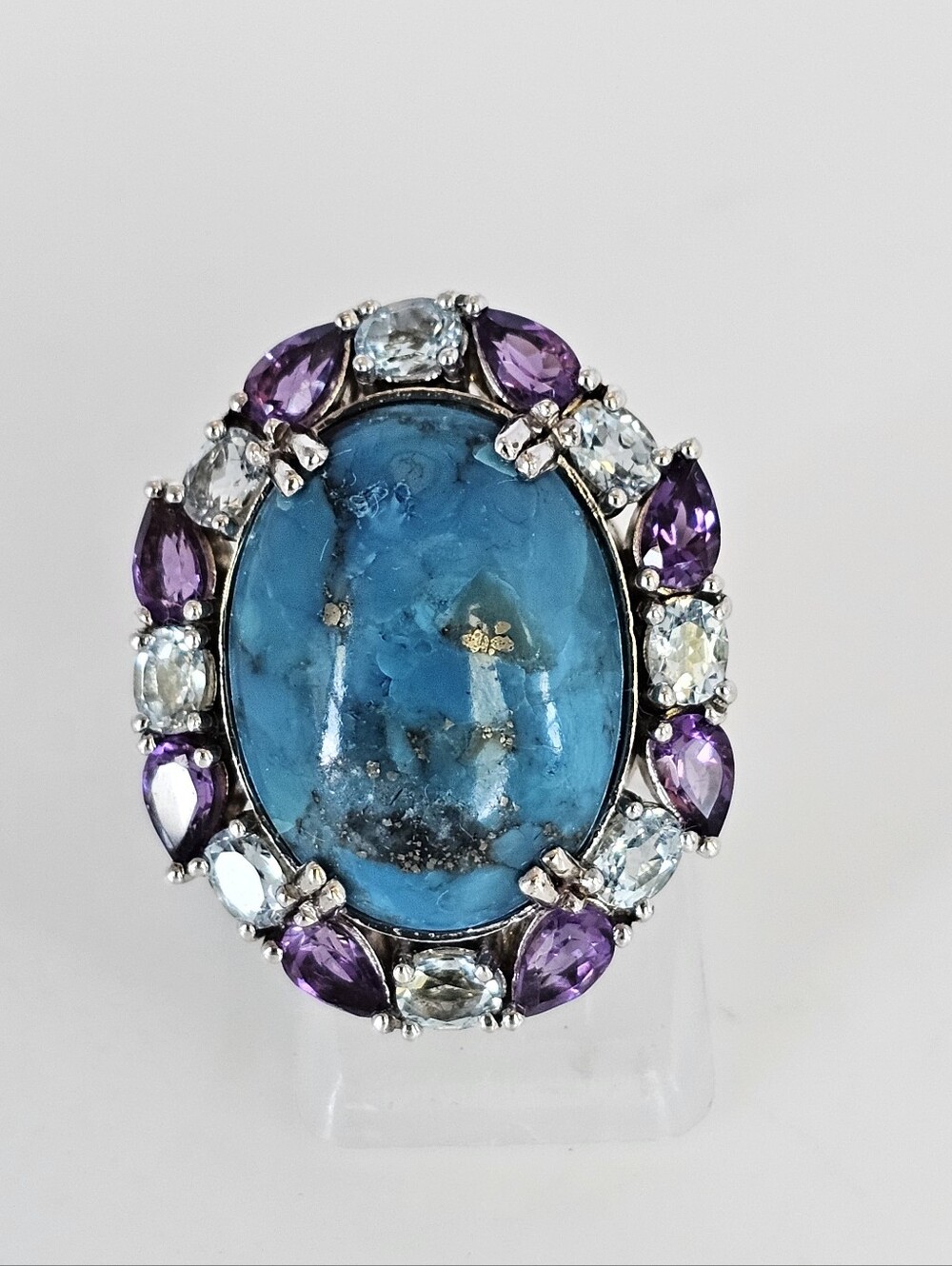 Genuine Turquoise Amethyst & Topaz Ring Sterling Silver Size 8!